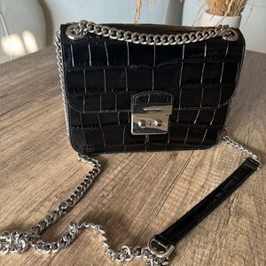 Black Croc-Embossed Chain Shoulder Bag